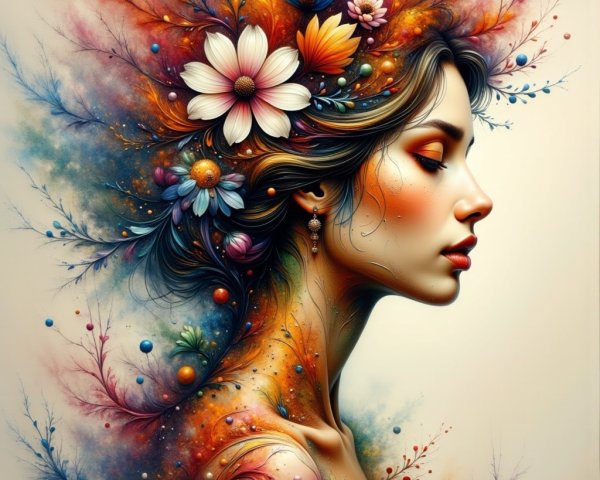 Side Profile Portrait of a Woman with Floral Accents