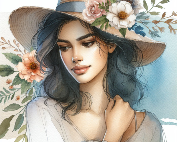 Young Woman in Floral Hat Against Pastel Background