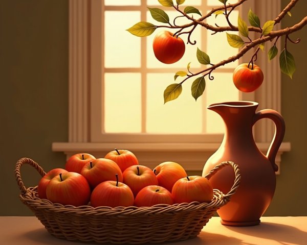 Rustic Scene with Woven Basket of Red Apples