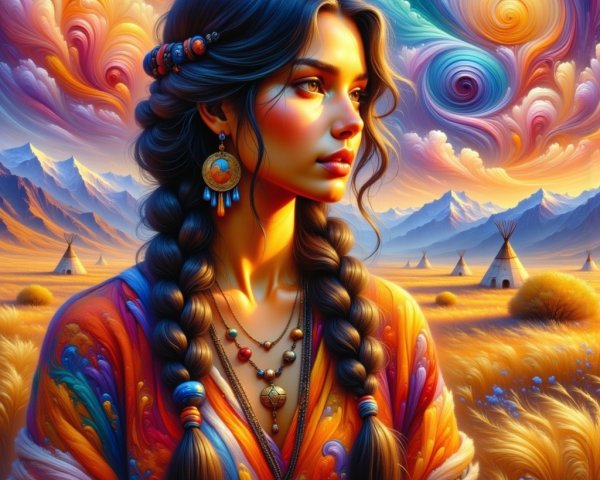 Woman in vibrant landscape with braided hair and shawl