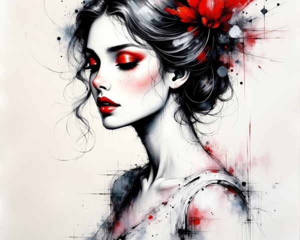 Portrait of a Woman with Elegant Hair and Red Flower