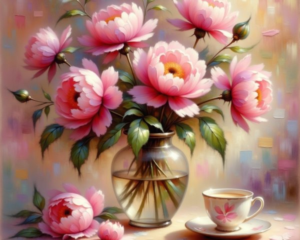 Peony Flowers in Glass Vase with Teacup and Saucer