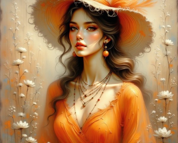 Woman in Orange Dress with Floral Background