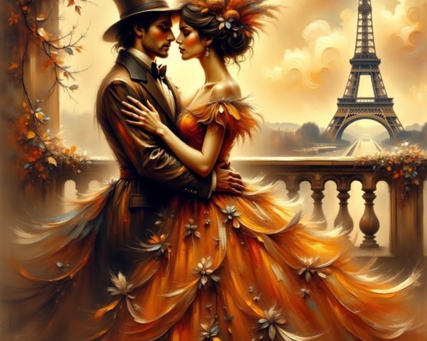 Romantic Couple Embracing at Eiffel Tower Sunset