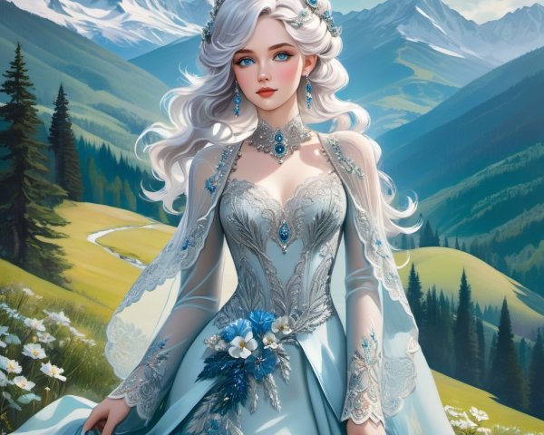 Regal figure in blue gown against a mountain backdrop