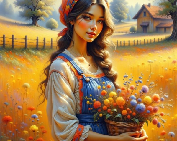 Young Woman in Traditional Dress in Flower Field