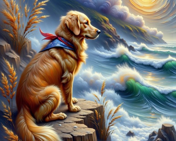 Golden Retriever on Rocky Ledge by Ocean at Sunset