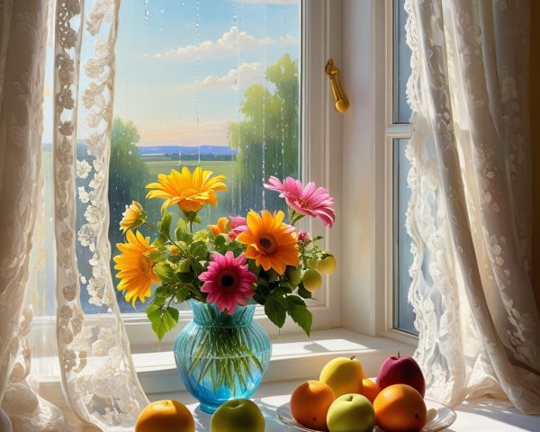 Colorful Flower Arrangement in Turquoise Vase by Window
