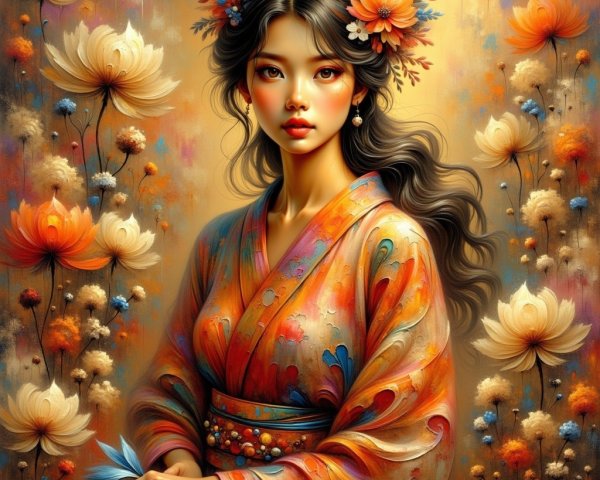 Young Woman in Floral Kimono Surrounded by Blossoms