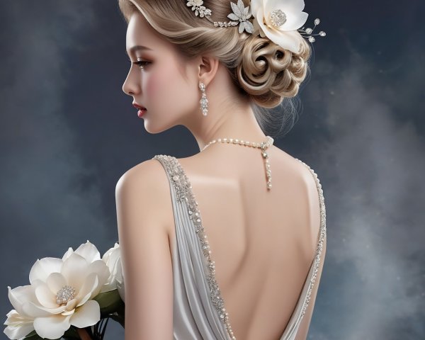 Elegant Bridal Look with Updo and Backless Gown
