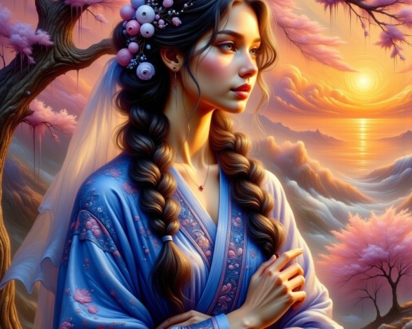 Young woman in blue dress against sunset landscape