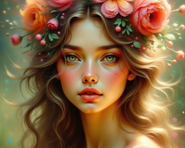 Young woman with floral crown in dreamy landscape