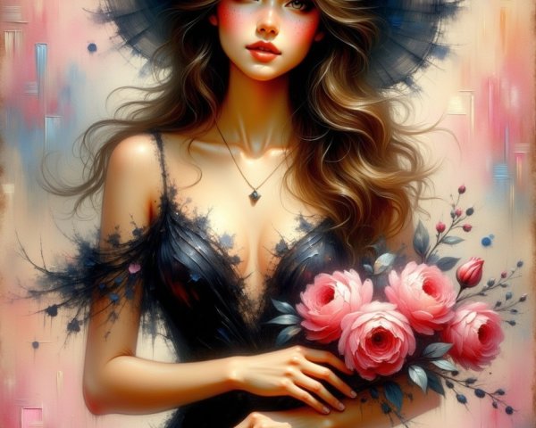 Elegant Woman in Black Dress with Pink Roses