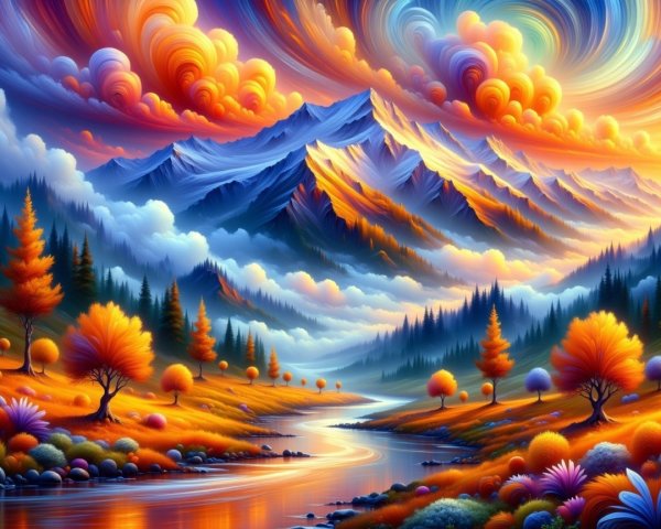 Vibrant Landscape with Mountains, Forests, and Sunset