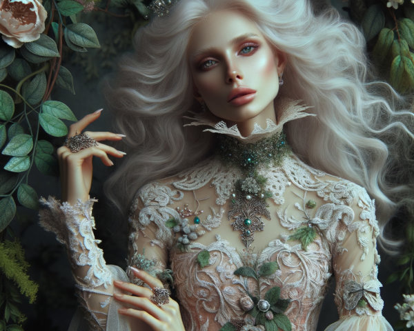 Ethereal figure in embellished gown among greenery