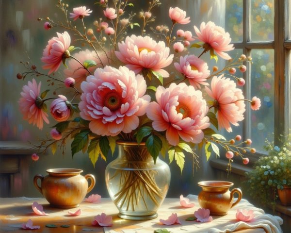 Vibrant Pink Peonies in Glass Vase on Wooden Table