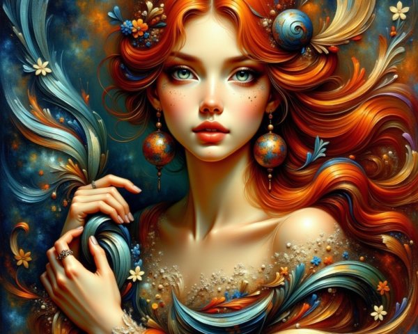 Portrait of a woman with vibrant red hair and floral motifs