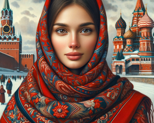 Young woman in scarf with Russian architecture backdrop