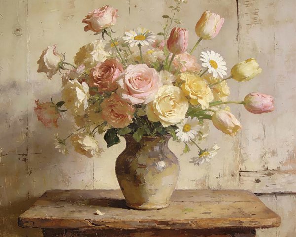 Oil Painting of Flowers in a Rustic Setting