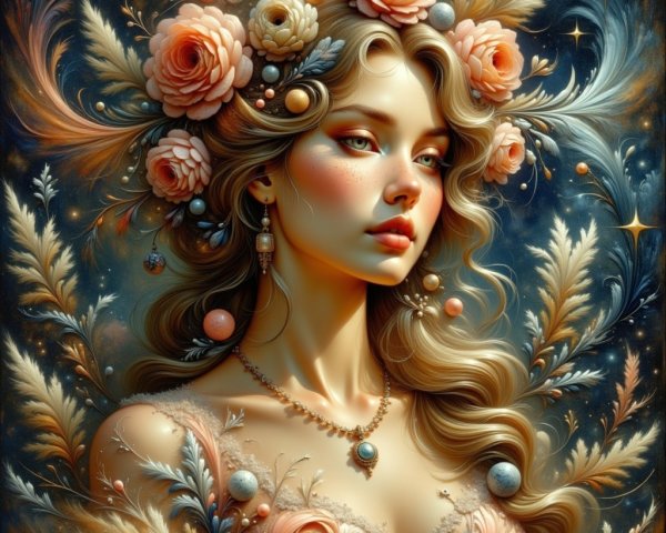 Portrait of a woman with a floral crown and serene expression