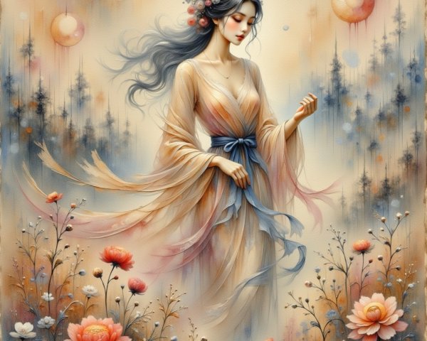 Serene Woman in Pastel Gown Amid Dreamy Landscape