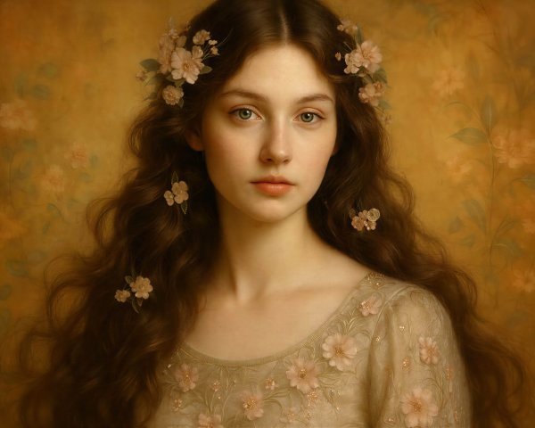 Detailed Oil Painting of Young Woman in Floral Dress