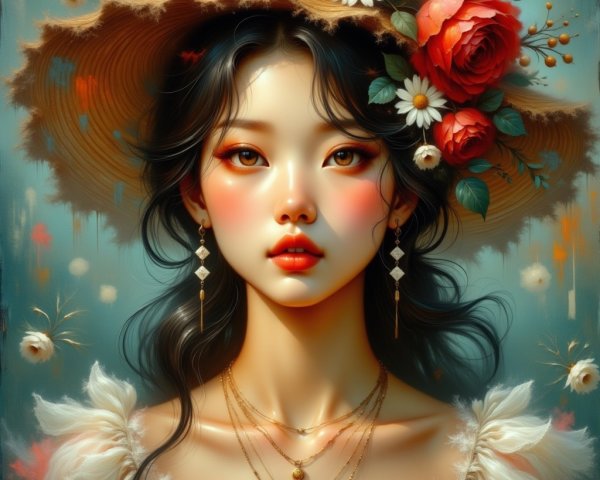 Young woman in decorative straw hat with flowers