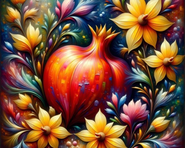 Vibrant Floral Arrangement with Ornate Pomegranate