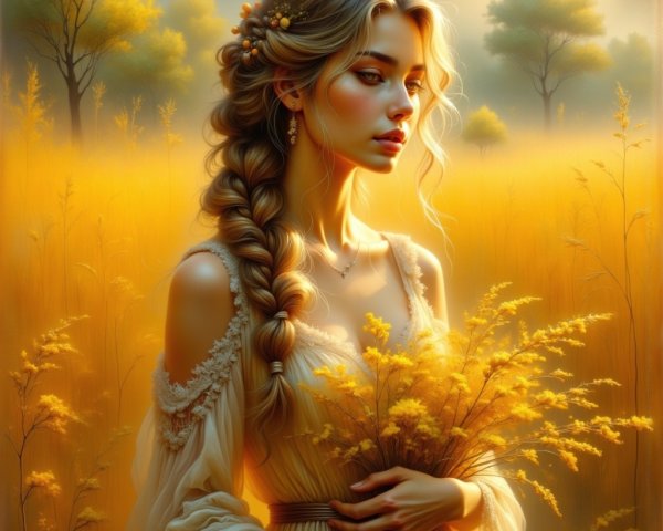 Young Woman in Wheat Field with Yellow Flowers