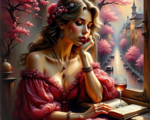 Woman in pink dress by window with cherry blossoms