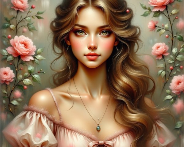 Young woman in pastel setting with pink roses