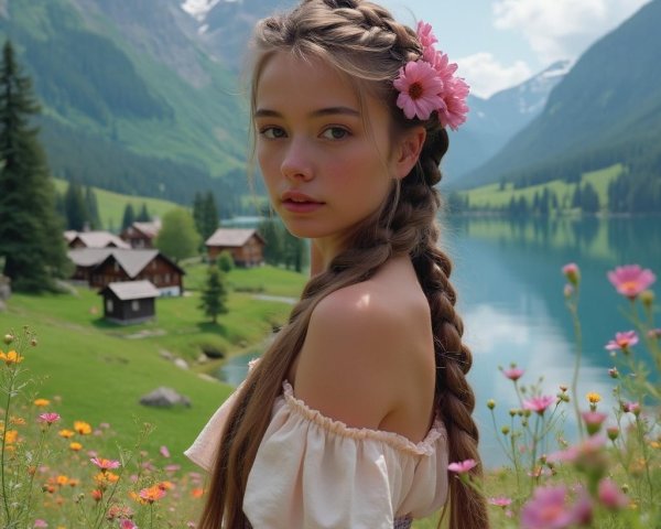 Young girl in wildflower field by serene lake