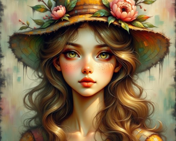 Young woman with flowing hair and flowered straw hat