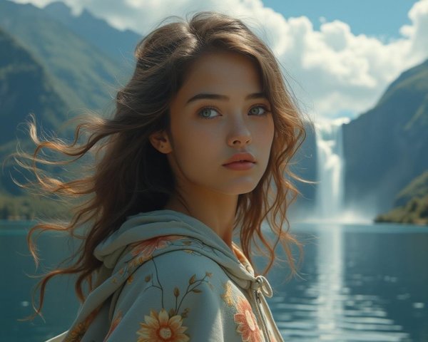 Young woman by tranquil lake with mountains and waterfall