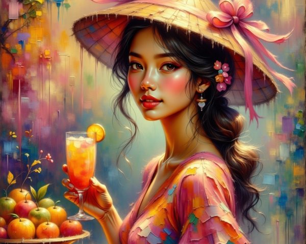 Young Woman with Straw Hat and Colorful Backdrop