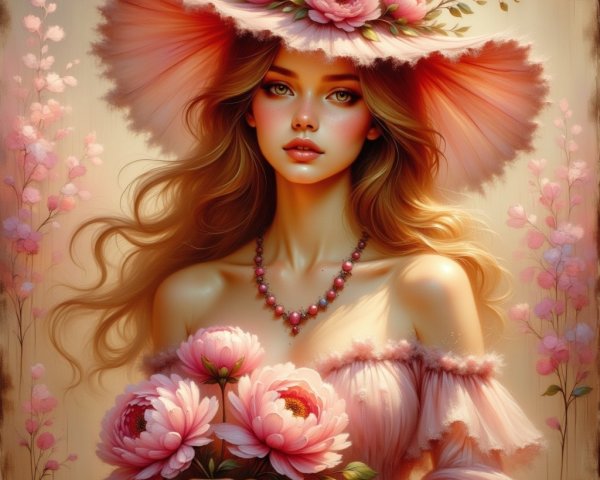 Young woman in elegant hat with peonies and blossoms