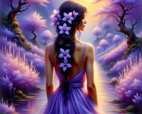 Woman in Purple Dress by Tranquil Water at Sunset