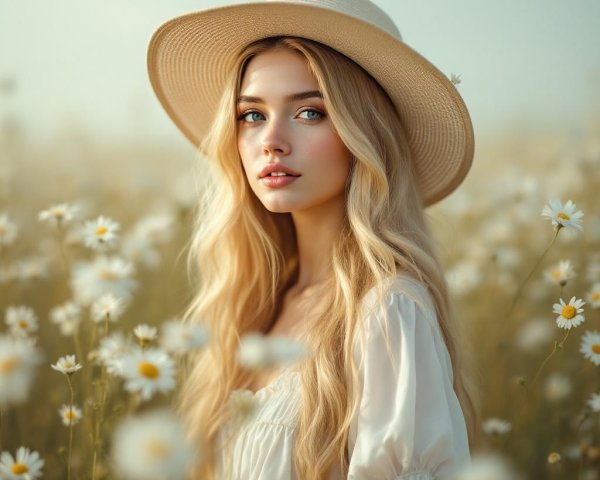 Young woman in straw hat among daisies in sunlight