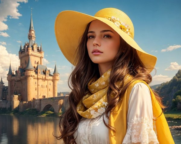 Young woman by river with castle and vibrant scenery