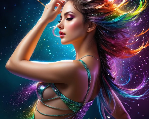 Woman with Rainbow Hair and Glittery Outfit in Blue Light