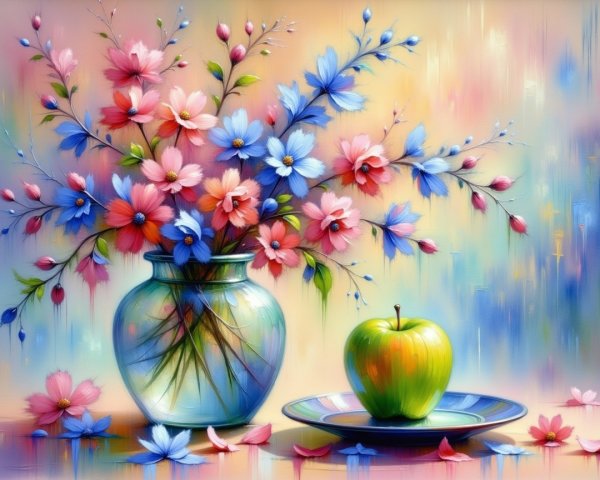 Vibrant Still Life with Flowers and Green Apple