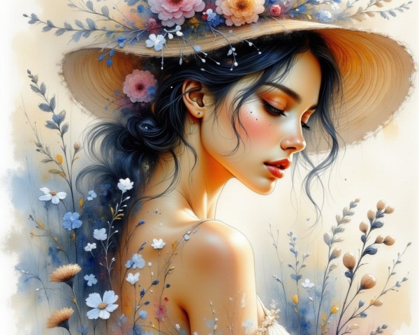 Profile of a Young Woman in a Floral Straw Hat