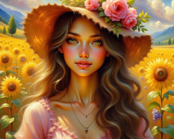Young Woman in Sunflower Field with Straw Hat