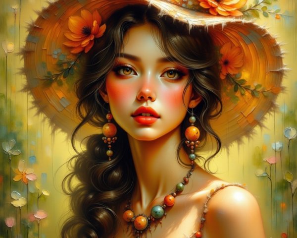 Young woman in floral hat and vibrant orange outfit