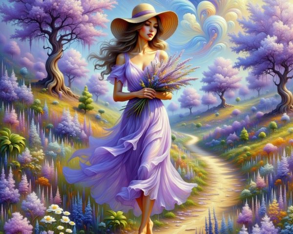 Serene landscape with purple trees and vibrant flowers