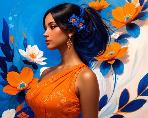 Young woman in orange dress amidst blue flowers