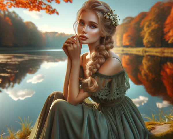 Young woman by serene lake in autumn foliage