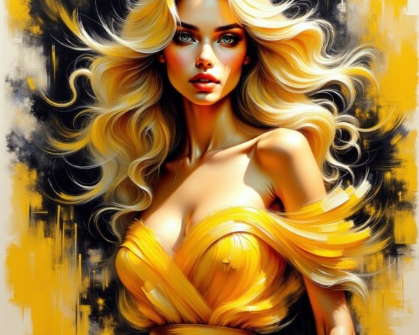 Elegant Woman in Yellow Dress Against Black and Gold