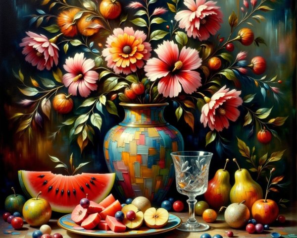 Vibrant Still Life with Flowers and Fresh Fruit