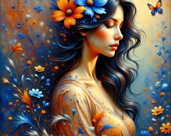 Profile of a woman with flowers in hair and background